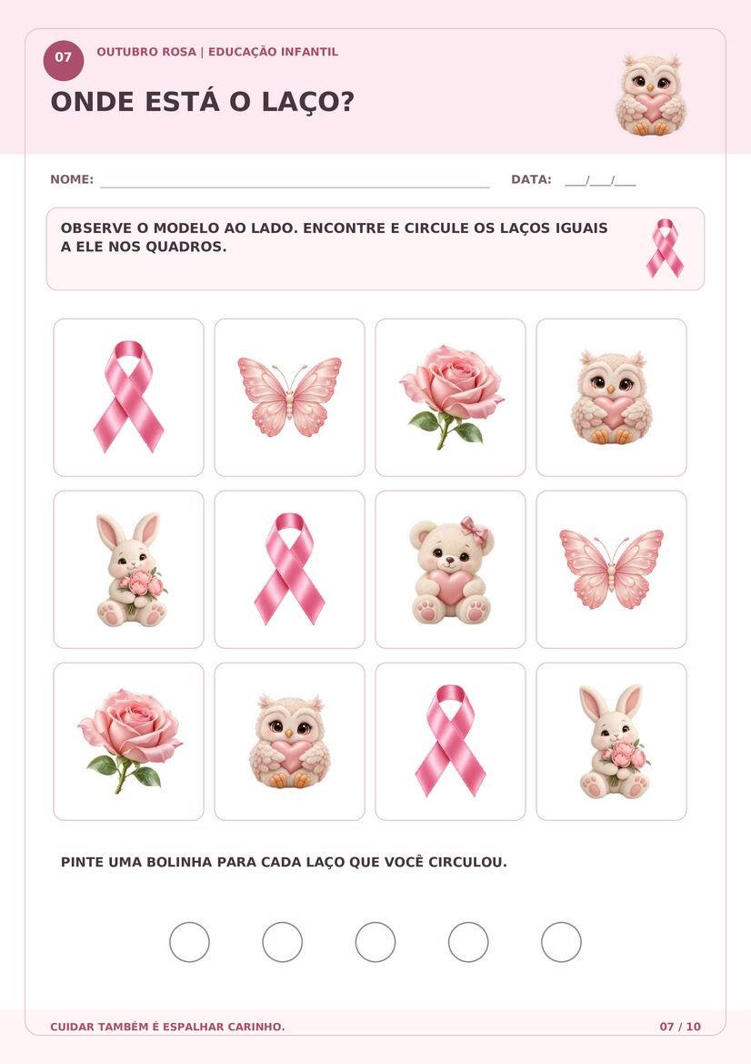 Atividade de percepção visual Outubro Rosa para encontrar laços rosa entre desenhos de animais e flores